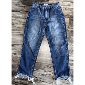 Kancan Estilo High Rise Jeans Women's 9/28 Blue Denim Wide Leg Stretch Raw Hem